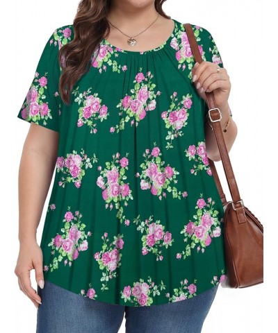 Womens Plus Size Tops Tunic Summer Short Sleeve Crew Neck Shirts Casual Loose Fit Blouses 1X-5X Green Background Rose $14.88 ...