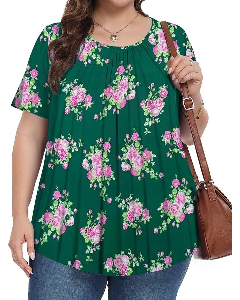 Womens Plus Size Tops Tunic Summer Short Sleeve Crew Neck Shirts Casual Loose Fit Blouses 1X-5X Green Background Rose $14.88 ...