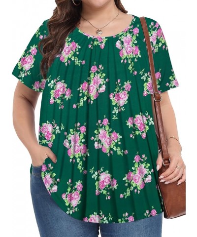 Womens Plus Size Tops Tunic Summer Short Sleeve Crew Neck Shirts Casual Loose Fit Blouses 1X-5X Green Background Rose $14.88 ...