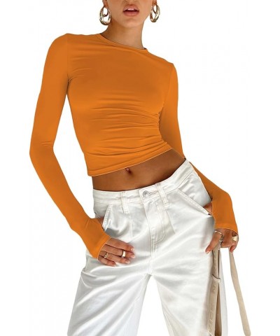 Women Long Sleeve Tight Crop Tops Solid Color Crew Neck Slim Fit Tee Shirt Basic Fitted Cropped Top Shirt A-orange $6.62 T-Sh...