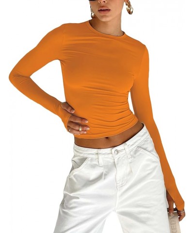 Women Long Sleeve Tight Crop Tops Solid Color Crew Neck Slim Fit Tee Shirt Basic Fitted Cropped Top Shirt A-orange $6.62 T-Sh...