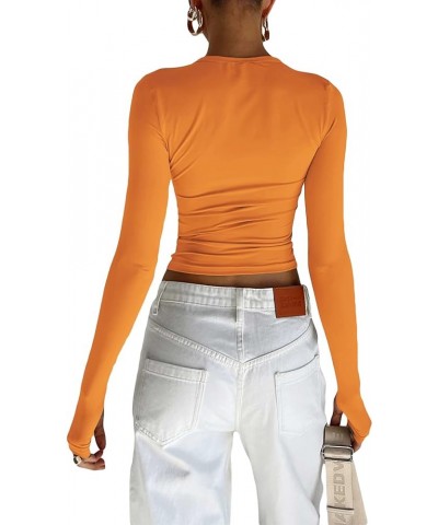 Women Long Sleeve Tight Crop Tops Solid Color Crew Neck Slim Fit Tee Shirt Basic Fitted Cropped Top Shirt A-orange $6.62 T-Sh...