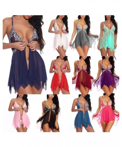Womens Lingeries Sexy Lace Night Gowns Front Closure Babydoll Chemise Ruffle Nightie Fairy Dress V Neck Sleepwear Purple $3.5...