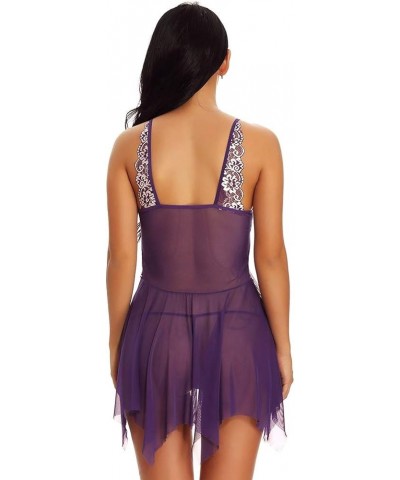 Womens Lingeries Sexy Lace Night Gowns Front Closure Babydoll Chemise Ruffle Nightie Fairy Dress V Neck Sleepwear Purple $3.5...