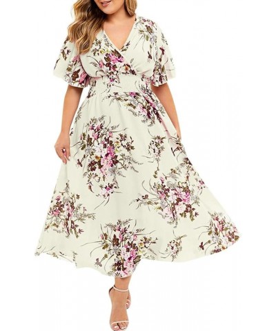 Plus Size Floral Dress Women Casual Sleeve V-Neck Short Printed Plus Size Dress Oversized Loose Dress Sundress Yellow $10.65 ...