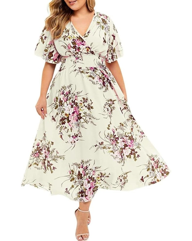 Plus Size Floral Dress Women Casual Sleeve V-Neck Short Printed Plus Size Dress Oversized Loose Dress Sundress Yellow $10.65 ...