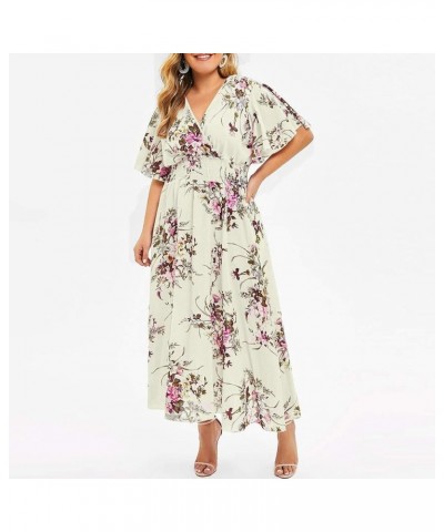 Plus Size Floral Dress Women Casual Sleeve V-Neck Short Printed Plus Size Dress Oversized Loose Dress Sundress Yellow $10.65 ...