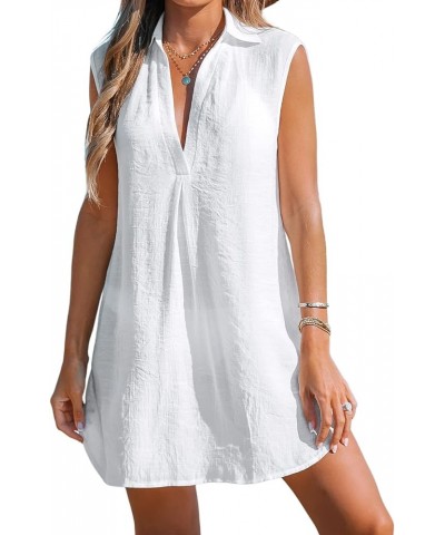 Women Basic Collar Cover-Up Dress V Neck Shirts Casual Summer Sleeveless Solid Cover Up Tops White $19.13 Swimsuits