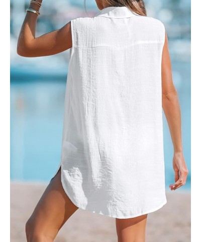 Women Basic Collar Cover-Up Dress V Neck Shirts Casual Summer Sleeveless Solid Cover Up Tops White $19.13 Swimsuits