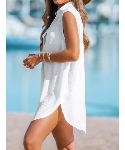 Women Basic Collar Cover-Up Dress V Neck Shirts Casual Summer Sleeveless Solid Cover Up Tops White $19.13 Swimsuits