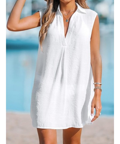 Women Basic Collar Cover-Up Dress V Neck Shirts Casual Summer Sleeveless Solid Cover Up Tops White $19.13 Swimsuits