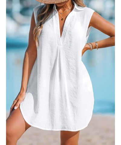 Women Basic Collar Cover-Up Dress V Neck Shirts Casual Summer Sleeveless Solid Cover Up Tops White $19.13 Swimsuits