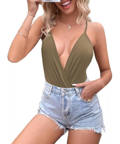 Women's Backless Cami Bodysuit Sexy Deep V Neck Sleeveless Criss Cross Ruched Body Suit Top Army Green $11.21 Lingerie