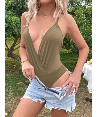 Women's Backless Cami Bodysuit Sexy Deep V Neck Sleeveless Criss Cross Ruched Body Suit Top Army Green $11.21 Lingerie