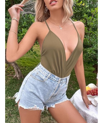 Women's Backless Cami Bodysuit Sexy Deep V Neck Sleeveless Criss Cross Ruched Body Suit Top Army Green $11.21 Lingerie