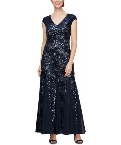 Women's Long Fit and Flare Dress Godet Detail (Petite and Regular) Navy Nude $90.11 Dresses