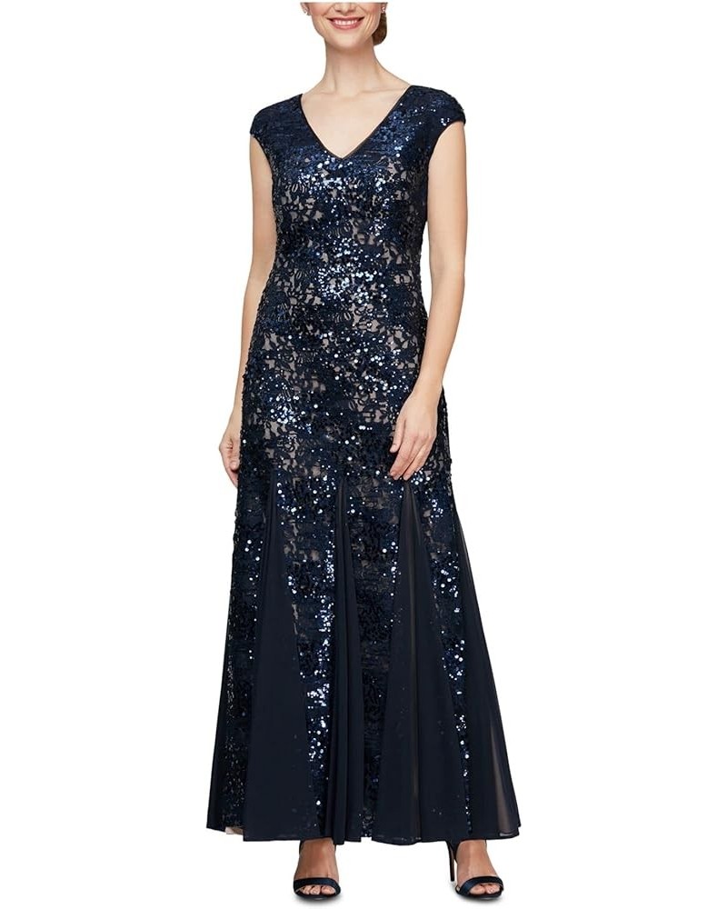 Women's Long Fit and Flare Dress Godet Detail (Petite and Regular) Navy Nude $90.11 Dresses