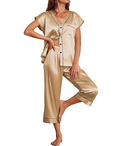 Satin Pajama Set Womens Short Sleeve V Neck Shirt with Capri Pants Button Down PJs Soft Silky Loungewear Camel $19.59 Sleep &...