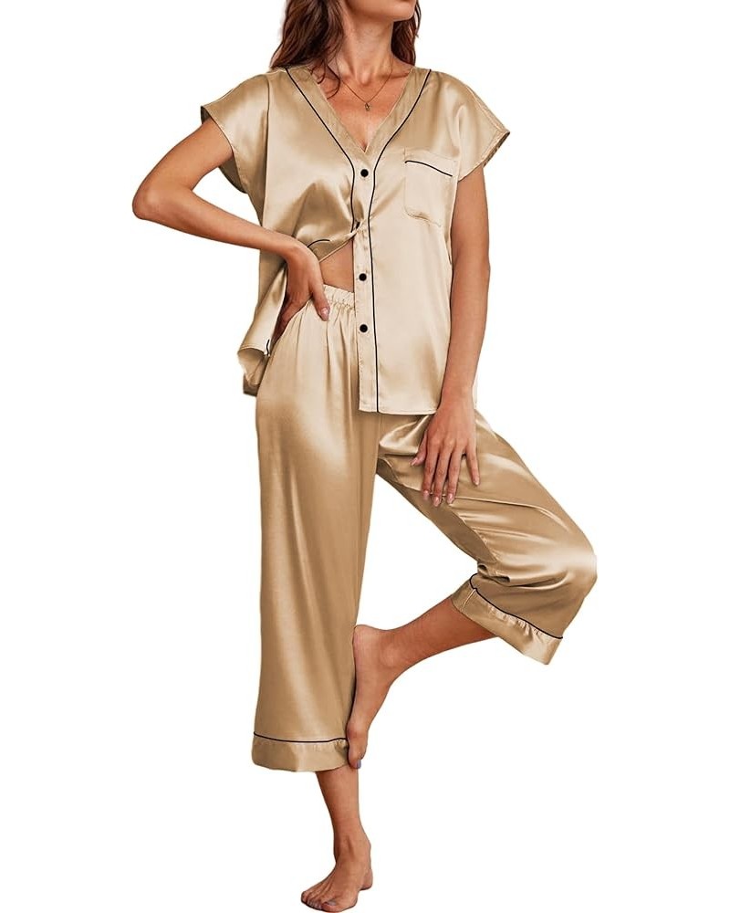 Satin Pajama Set Womens Short Sleeve V Neck Shirt with Capri Pants Button Down PJs Soft Silky Loungewear Camel $19.59 Sleep &...