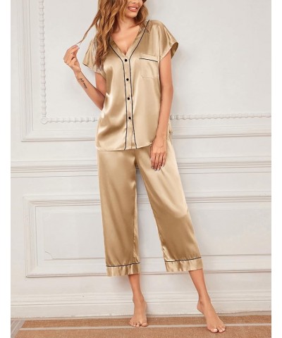 Satin Pajama Set Womens Short Sleeve V Neck Shirt with Capri Pants Button Down PJs Soft Silky Loungewear Camel $19.59 Sleep &...