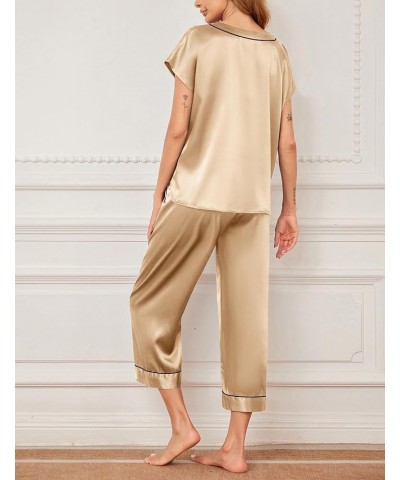 Satin Pajama Set Womens Short Sleeve V Neck Shirt with Capri Pants Button Down PJs Soft Silky Loungewear Camel $19.59 Sleep &...