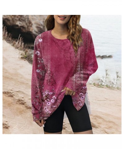 Plus Size Crewneck Tops for Women Long Sleeve Side Split Loose Casual Knit Pullover Sweater Blouse 02-hot Pink $12.69 Activewear