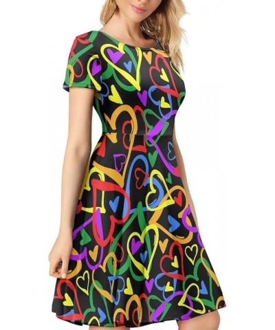 Women's Tropical Print Dress Boho Ethnic Cocktail Party Skater Dress Summer Casual Vintage Swing Dress S-2XL Rainbow Love Hea...