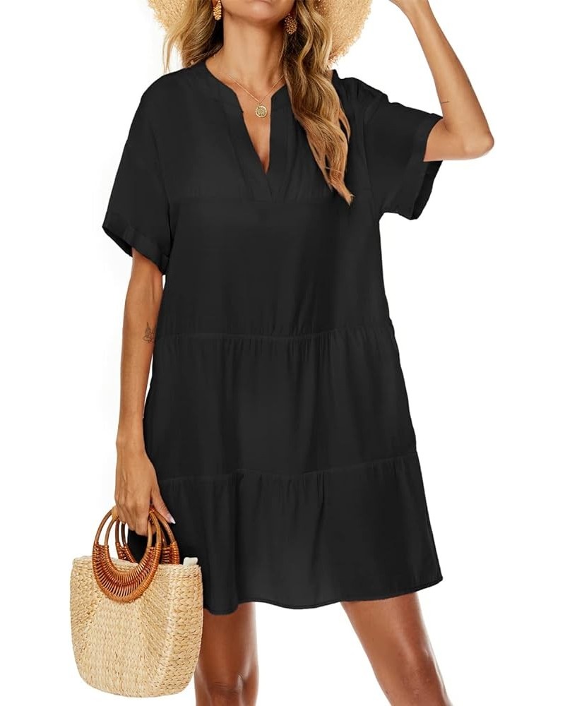 Womens V Neck Casual Sexy Swimsuit Cover Up Short Sleeve Loose Fit Bathing Suit Swim Cover-up Flowy Beach Mini Dress A2-black...