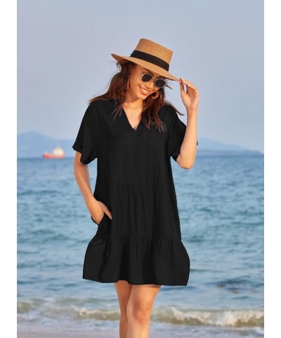 Womens V Neck Casual Sexy Swimsuit Cover Up Short Sleeve Loose Fit Bathing Suit Swim Cover-up Flowy Beach Mini Dress A2-black...