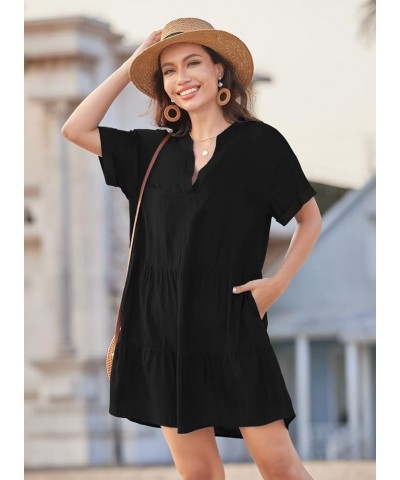 Womens V Neck Casual Sexy Swimsuit Cover Up Short Sleeve Loose Fit Bathing Suit Swim Cover-up Flowy Beach Mini Dress A2-black...