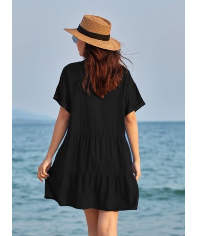 Womens V Neck Casual Sexy Swimsuit Cover Up Short Sleeve Loose Fit Bathing Suit Swim Cover-up Flowy Beach Mini Dress A2-black...