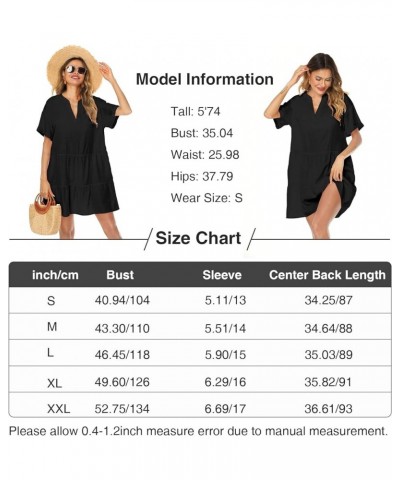 Womens V Neck Casual Sexy Swimsuit Cover Up Short Sleeve Loose Fit Bathing Suit Swim Cover-up Flowy Beach Mini Dress A2-black...