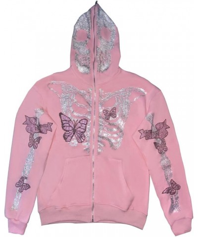 Women Oversized Zip Up Hoodie Y2K Rhinestone Skeleton Graphic Sweatshirt E-Girl Harajuku Jackets Coat Streetwear Pink $13.23 ...