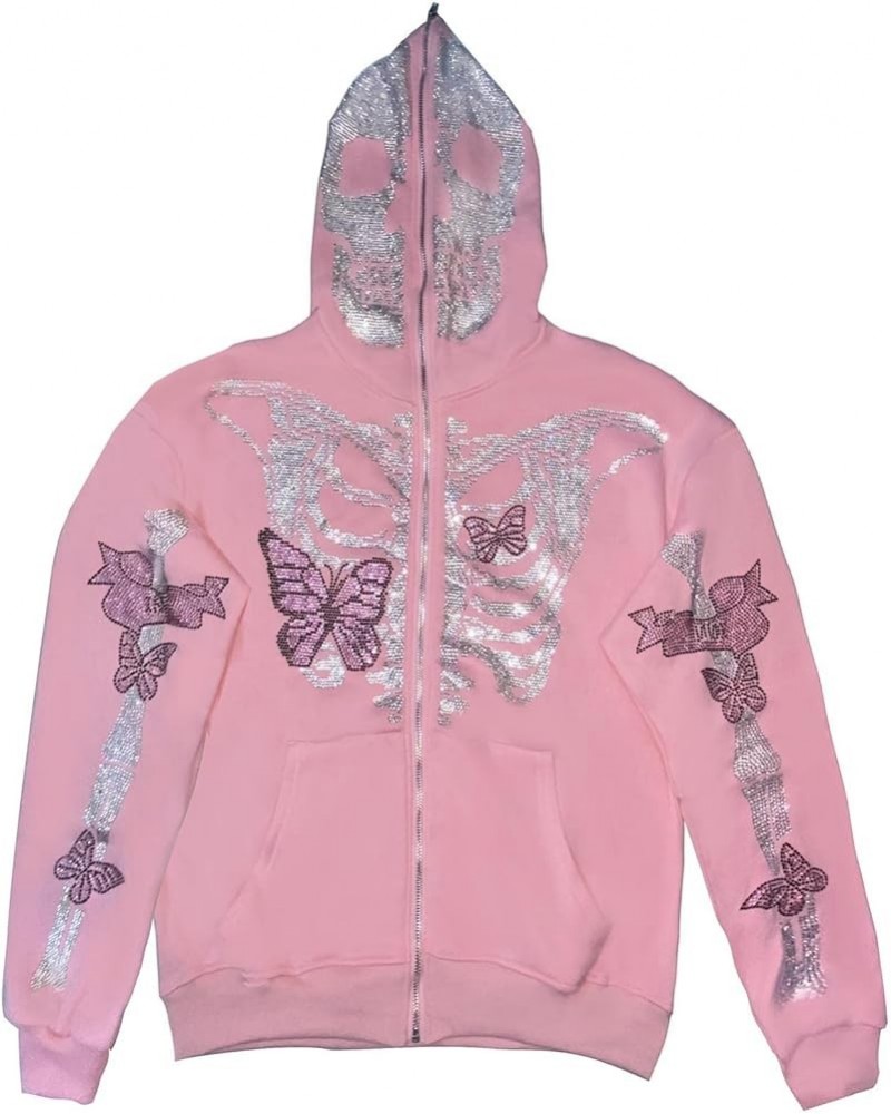 Women Oversized Zip Up Hoodie Y2K Rhinestone Skeleton Graphic Sweatshirt E-Girl Harajuku Jackets Coat Streetwear Pink $13.23 ...