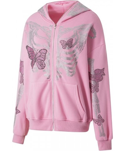 Women Oversized Zip Up Hoodie Y2K Rhinestone Skeleton Graphic Sweatshirt E-Girl Harajuku Jackets Coat Streetwear Pink $13.23 ...