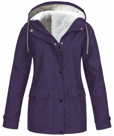 Plus Size Fleece Lined Rain Coats For Women With Hood Lightweight Hooded Rain Jacket Windbreaker Outdoor Trench Coat Purple $...
