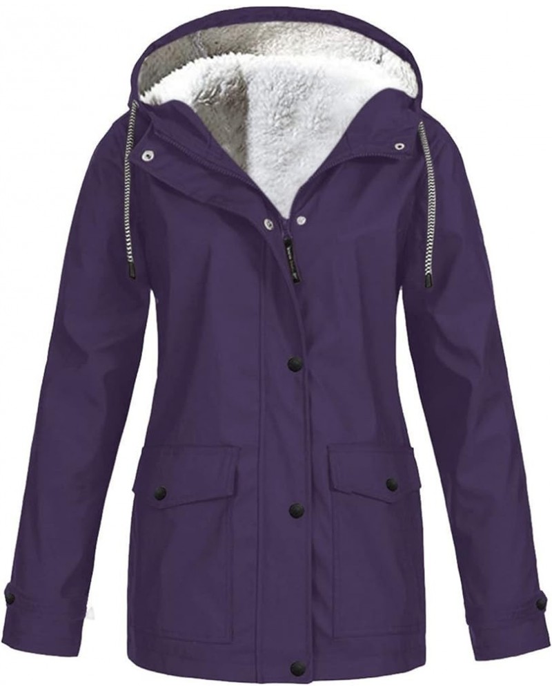 Plus Size Fleece Lined Rain Coats For Women With Hood Lightweight Hooded Rain Jacket Windbreaker Outdoor Trench Coat Purple $...