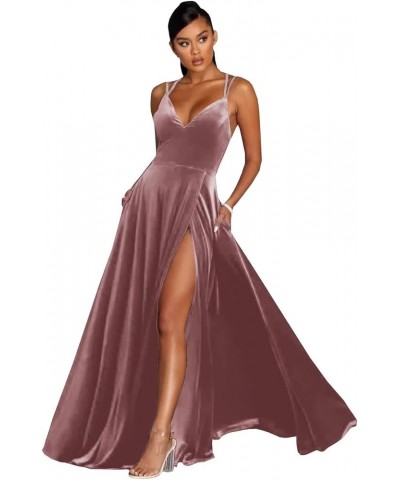 Women's Long Velvet Bridesmaid Dress V-Neck Formal Evening Velvet Gowns with Slit with Pockets Cameo Pink $31.85 Dresses