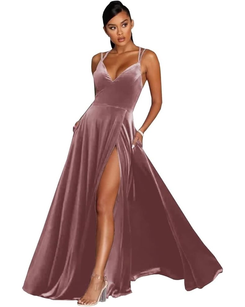 Women's Long Velvet Bridesmaid Dress V-Neck Formal Evening Velvet Gowns with Slit with Pockets Cameo Pink $31.85 Dresses