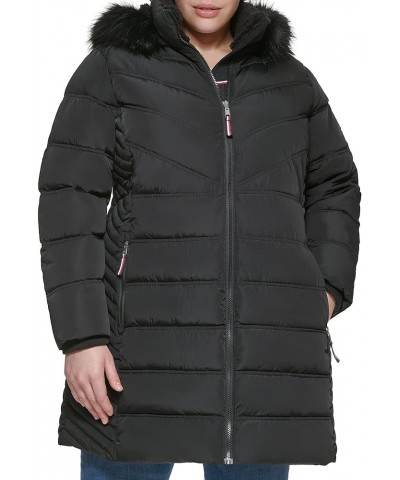 Women's Plus Size Quilted Long Puffer Hooded Fur Trim Jacket Black $52.28 Jackets