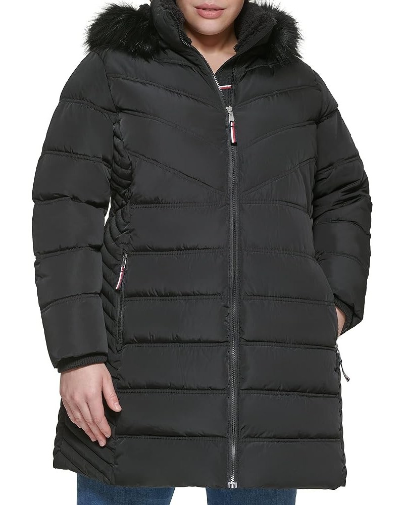 Women's Plus Size Quilted Long Puffer Hooded Fur Trim Jacket Black $52.28 Jackets