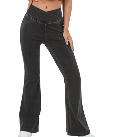 Bootcut Jeans Women's High Waist Elastic Skinny Flared Trousers Pocket Solid Soft Casual Joggers Denim Pants Dark Grey $16.91...