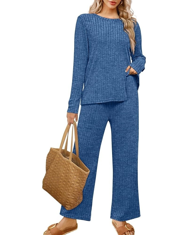 Womens Two Piece Outfits Lounge Sets Cozy Sweater Loungewear with Pockets D-deep Blue $26.09 Activewear