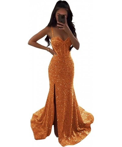 Women’s Sequin Prom Dress Long Sparkly Mermaid Corset Formal Evening Party Gown Slit Train Orange-v Neck $30.24 Dresses