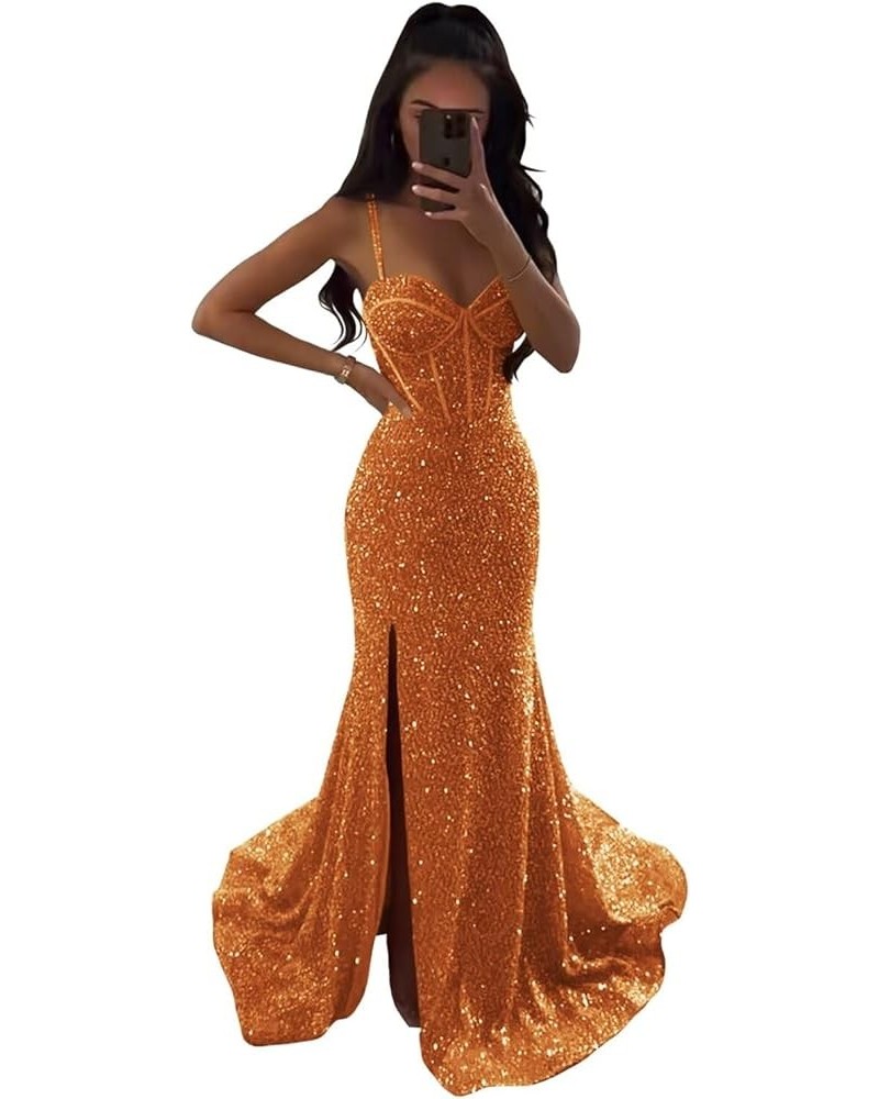 Women’s Sequin Prom Dress Long Sparkly Mermaid Corset Formal Evening Party Gown Slit Train Orange-v Neck $30.24 Dresses