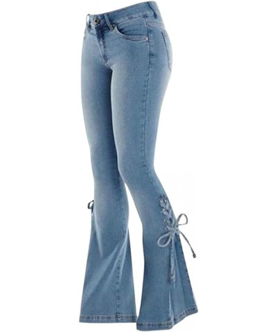 Bootcut Jeans Women's Mid-Waist Butt-Lifting Stretch Skinny Denim Pants Pocket Solid Lace Up Flared Trousers Light Blue $12.1...