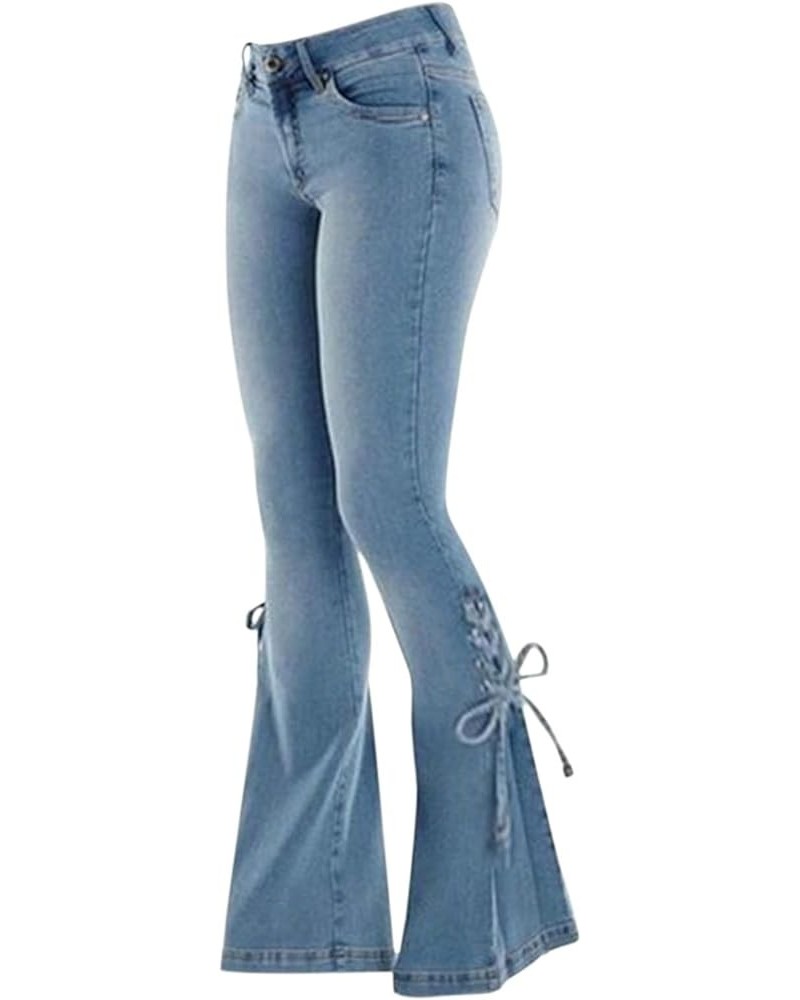 Bootcut Jeans Women's Mid-Waist Butt-Lifting Stretch Skinny Denim Pants Pocket Solid Lace Up Flared Trousers Light Blue $12.1...