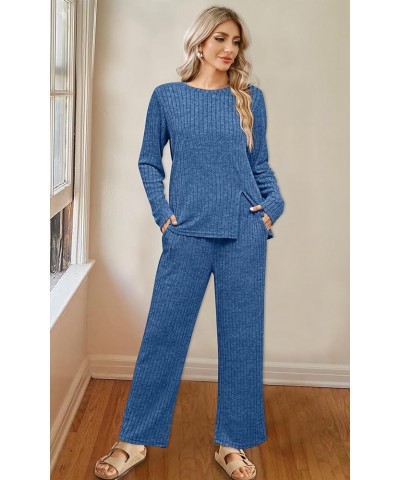 Womens Two Piece Outfits Lounge Sets Cozy Sweater Loungewear with Pockets D-deep Blue $26.09 Activewear