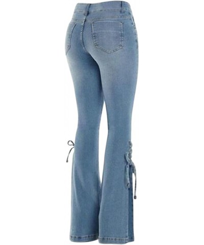 Bootcut Jeans Women's Mid-Waist Butt-Lifting Stretch Skinny Denim Pants Pocket Solid Lace Up Flared Trousers Light Blue $12.1...