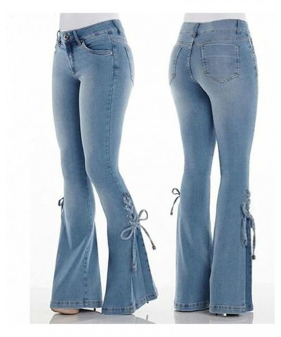 Bootcut Jeans Women's Mid-Waist Butt-Lifting Stretch Skinny Denim Pants Pocket Solid Lace Up Flared Trousers Light Blue $12.1...